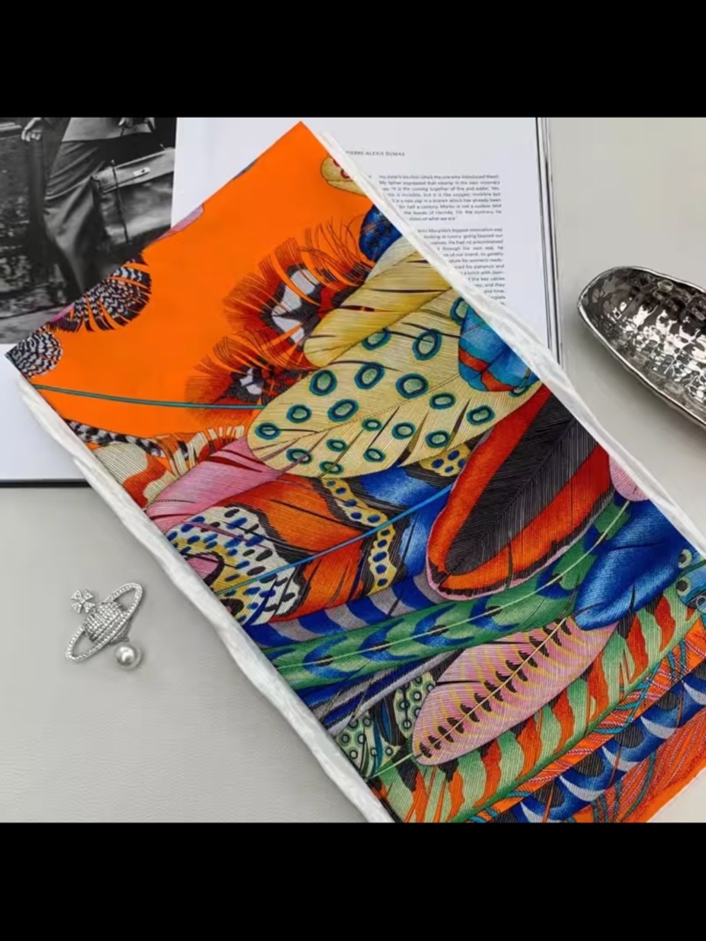 Vibrant Feather-Print Orange Silk Scarf 100%silk. 90 x90cm
